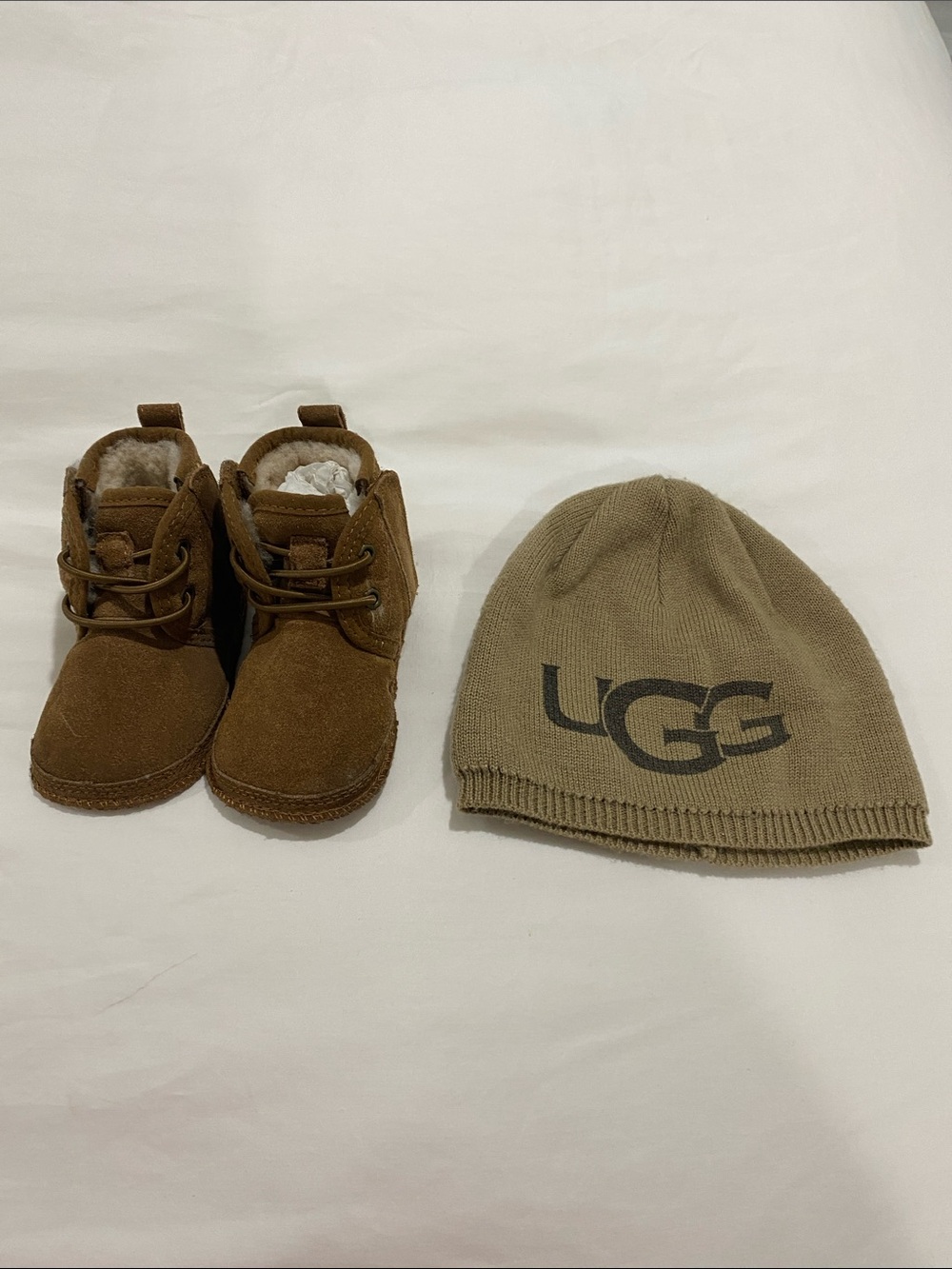 UGG Kids Brown Suede Baby Neumel Boots with Tan UGG Logo Beanie